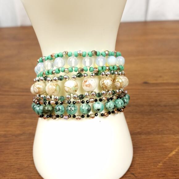HANDMADE African Turquoise, Opalite and Neutrals Bracelet Stack. 7¼" - Picture 2 of 5